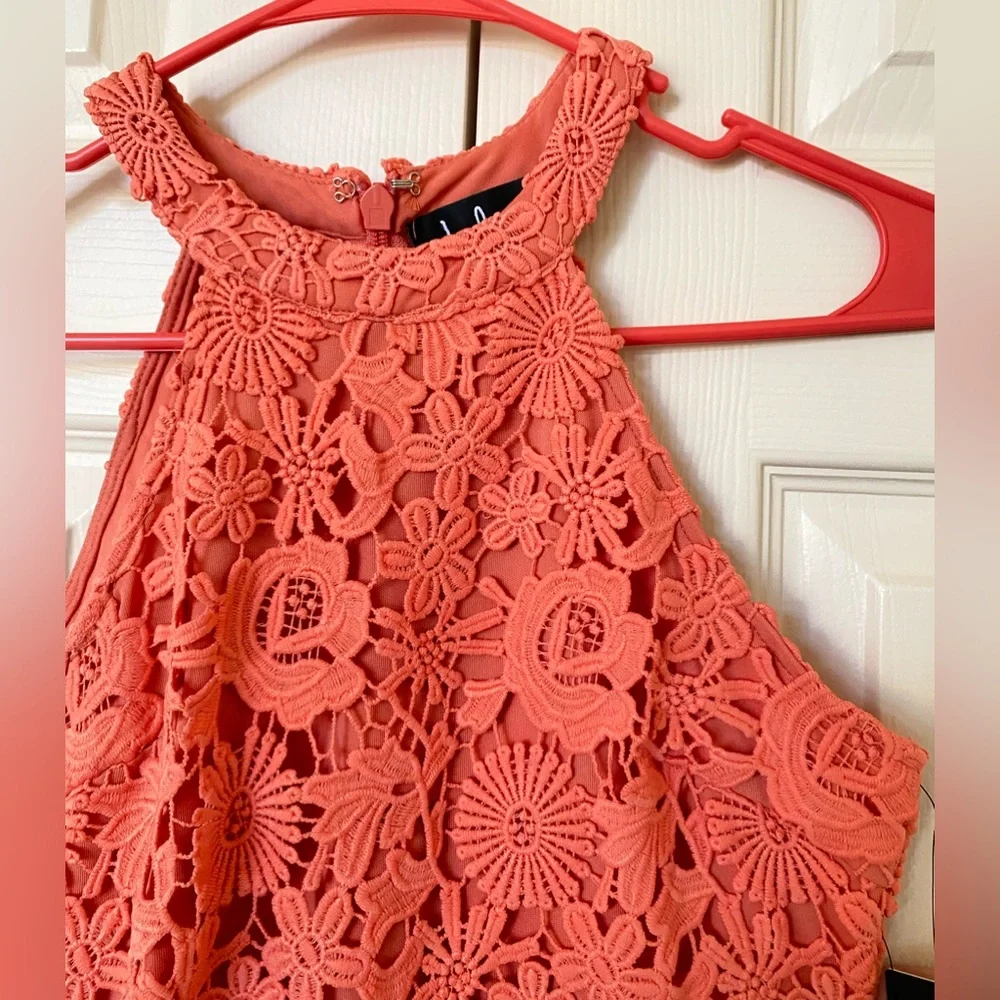 NWT Lulus Coral Orange Lace Halter Mini Dress - Picture 3 of 14